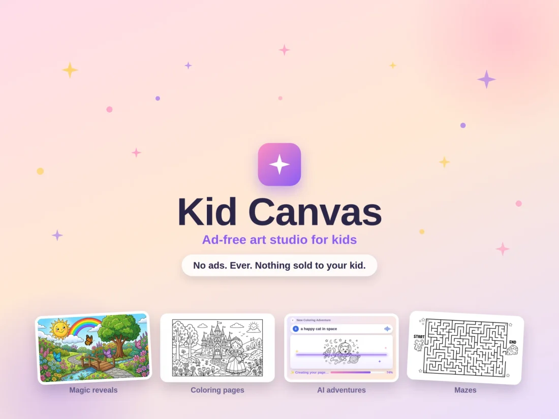 Kid Canvas artwork showing coloring pages, magic reveals, AI adventures and mazes