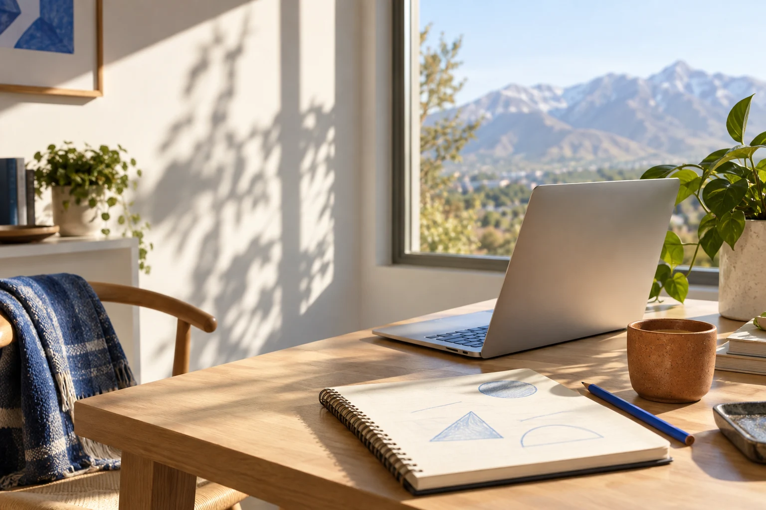 Sunlit creative workspace with a laptop, notebook, and mountain view